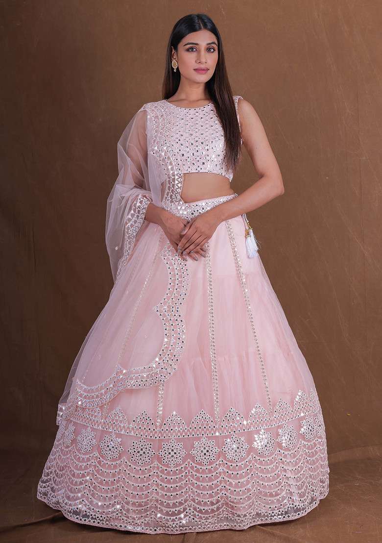 Pink Mirror Embroidered Net Lehenga Set - Indya