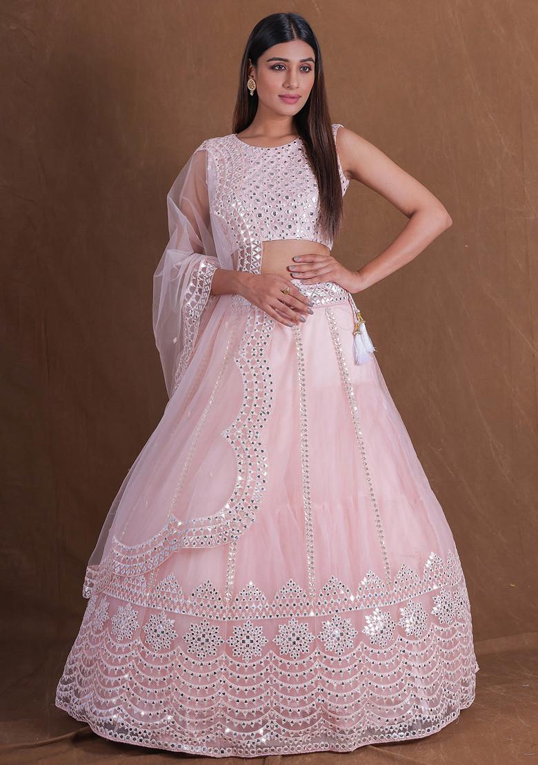 Pink Mirror Embroidered Net Lehenga Set