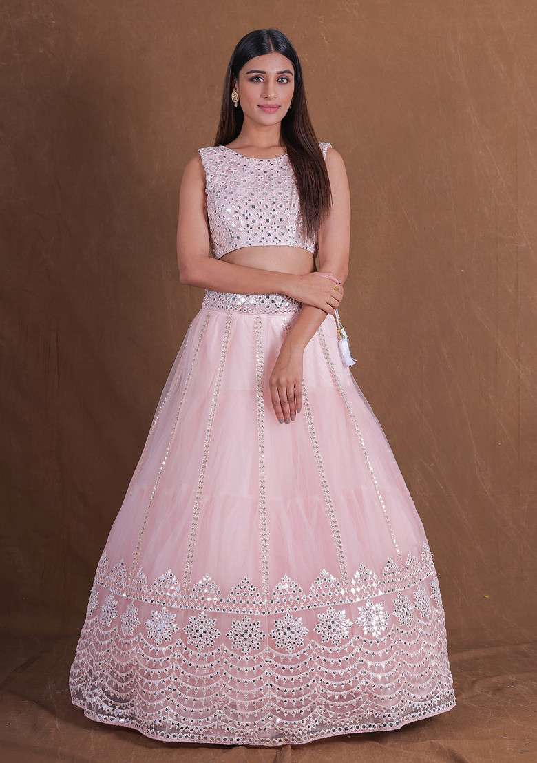 Pink Mirror Embroidered Net Lehenga Set - Indya