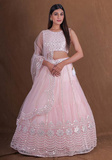 Pink Mirror Embroidered Net Lehenga Set