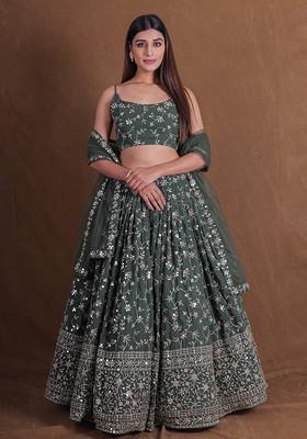 Green Zari Sequin Embroidered Georgette Lehenga Set