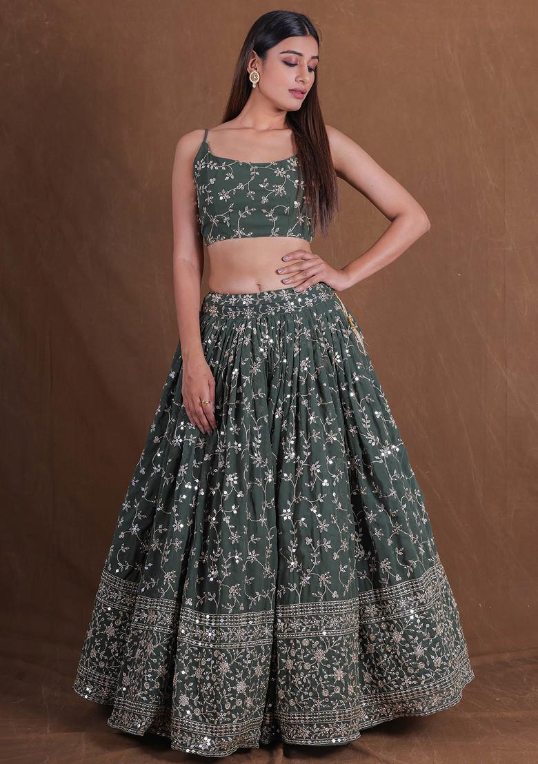 Green Zari Sequin Embroidered Georgette Lehenga Set
