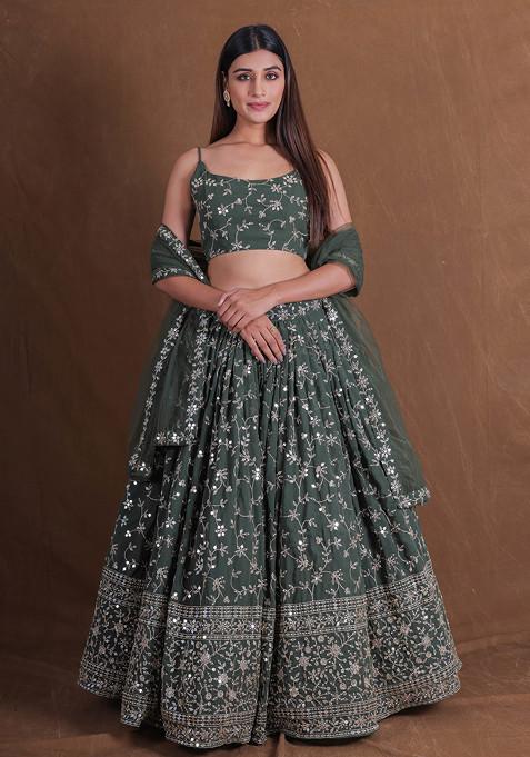 Green Zari Sequin Embroidered Georgette Lehenga Set