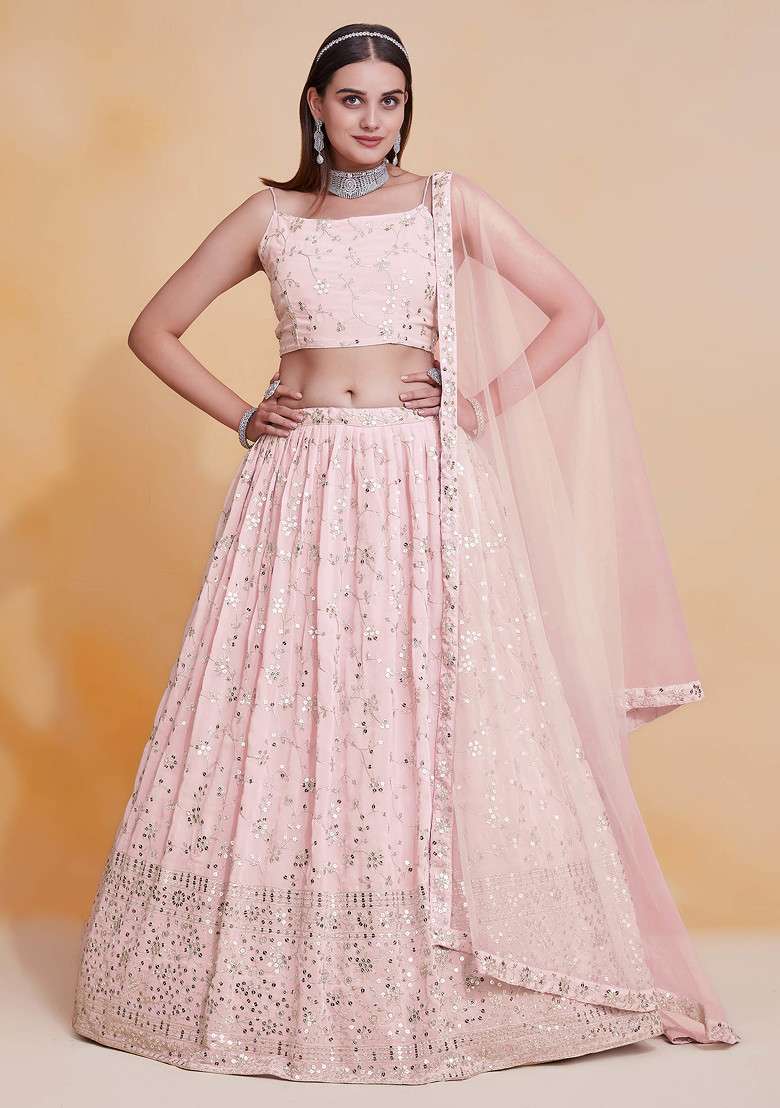 Peach Zari Georgette Lehenga Set with Embroidered & Sequin for Diwali | Wedding & Festive Wear - Indya