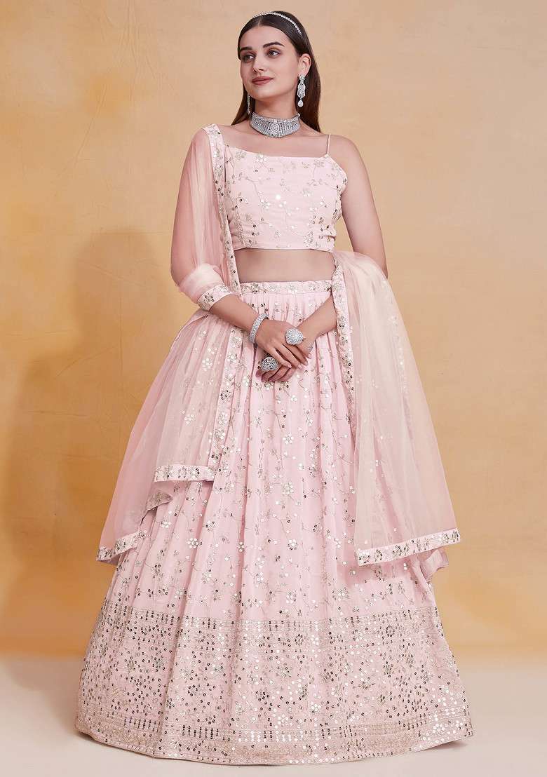 Peach Zari Georgette Lehenga Set with Embroidered & Sequin for Diwali | Wedding & Festive Wear - Indya