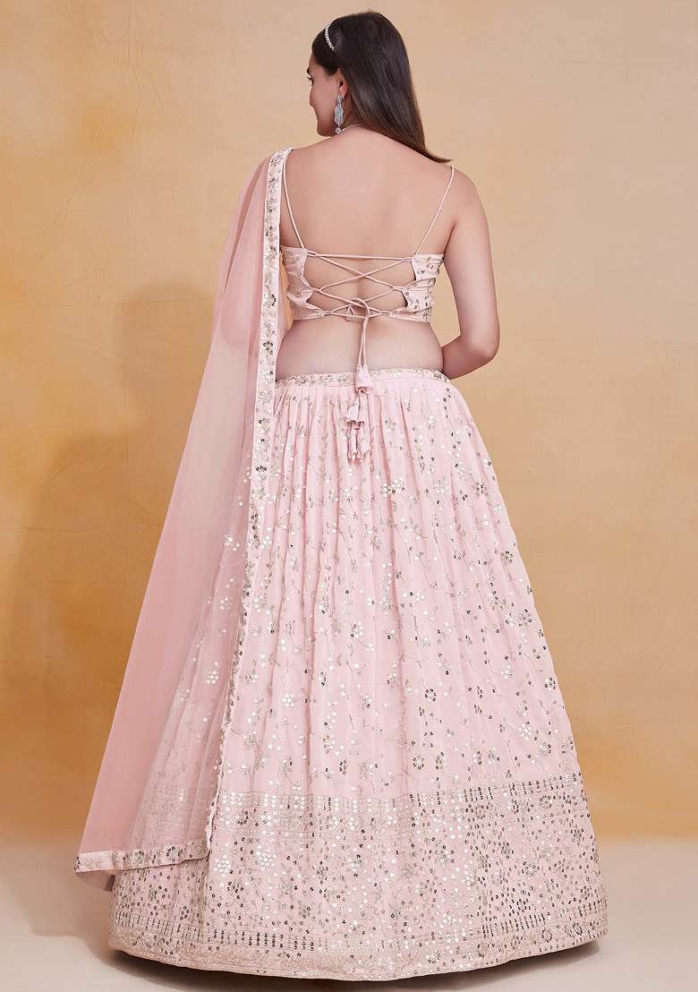 Peach Zari Georgette Lehenga Set with Embroidered & Sequin for Diwali | Wedding & Festive Wear - Indya