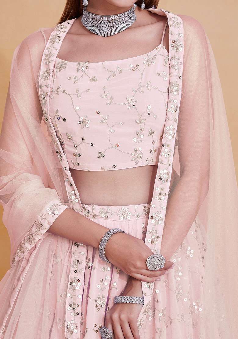 Peach Zari Georgette Lehenga Set with Embroidered & Sequin for Diwali | Wedding & Festive Wear - Indya