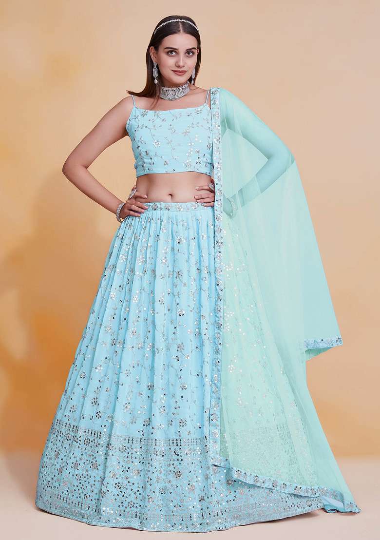 Sky Blue Zari Sequin Embroidered Georgette Lehenga Set for Diwali and Festive Wear - Indya