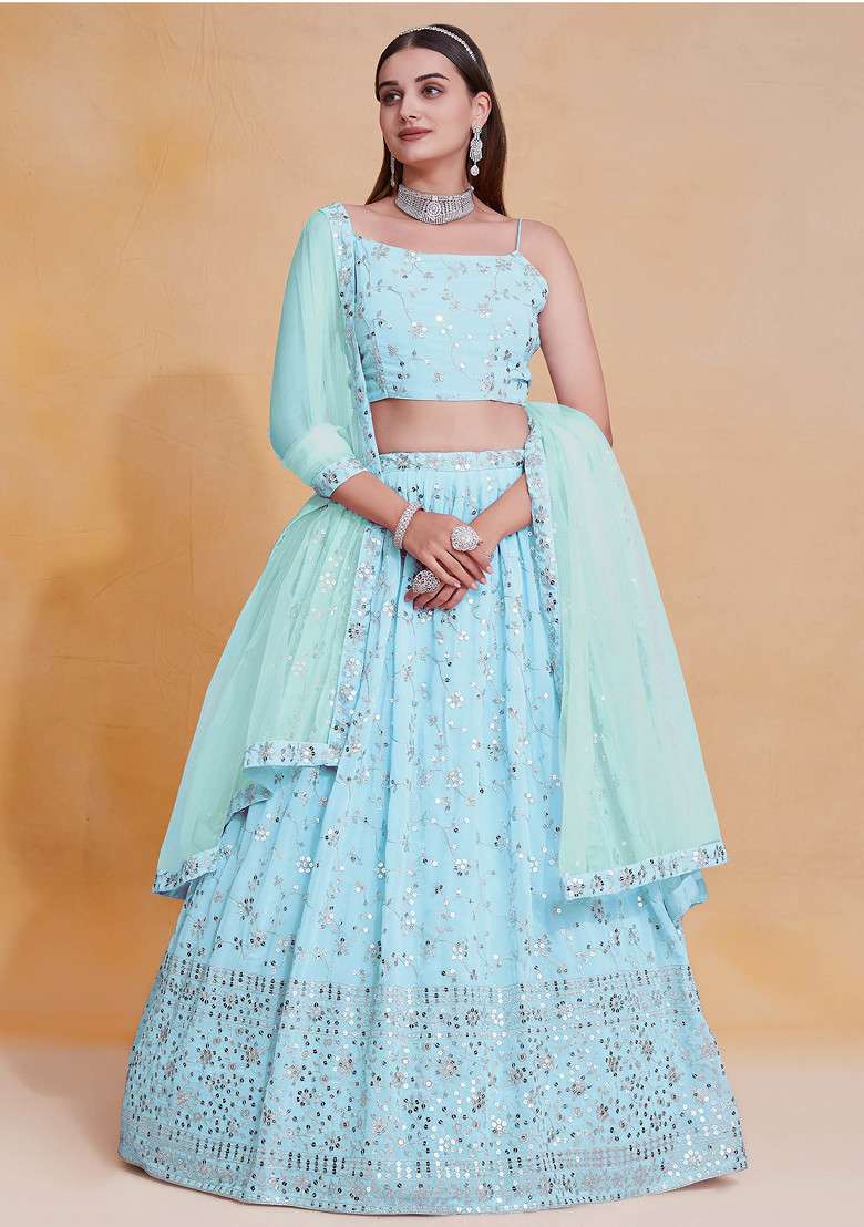 Sky Blue Zari Sequin Embroidered Georgette Lehenga Set for Diwali and Festive Wear - Indya