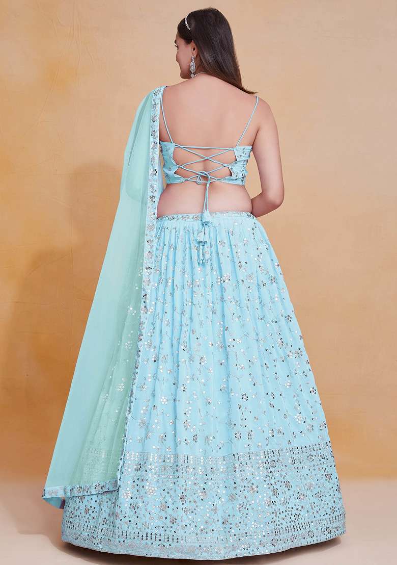 Sky Blue Zari Sequin Embroidered Georgette Lehenga Set for Diwali and Festive Wear - Indya