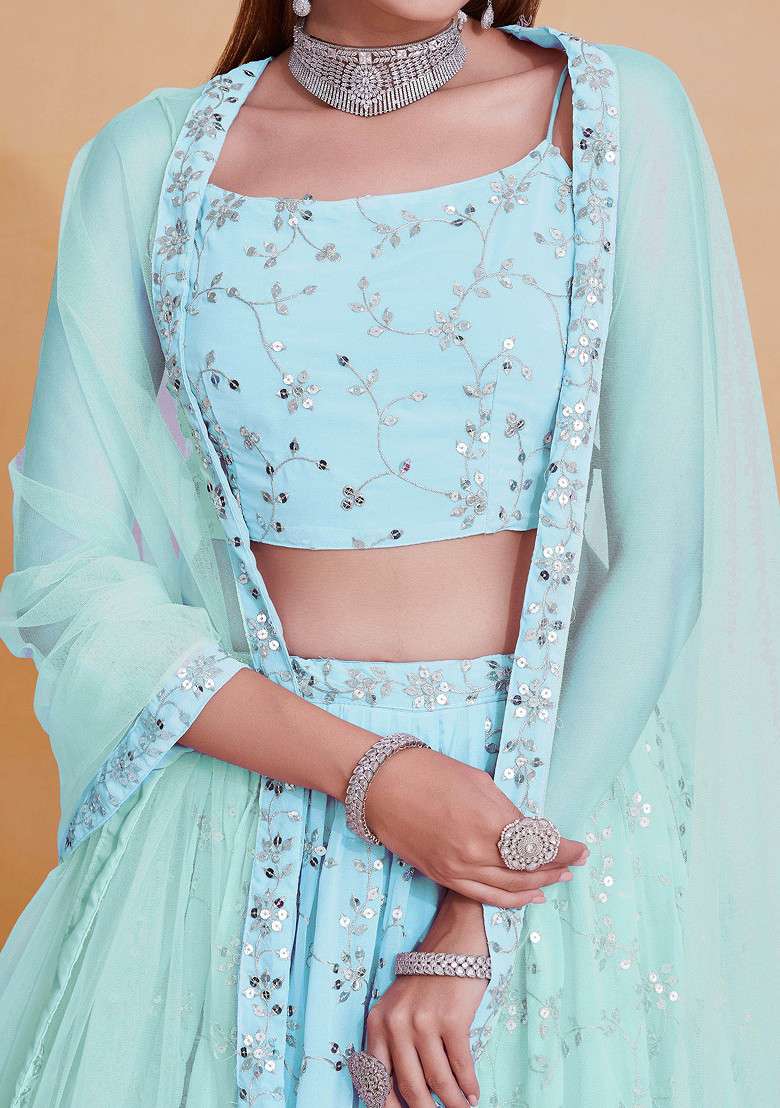 Sky Blue Zari Sequin Embroidered Georgette Lehenga Set for Diwali and Festive Wear - Indya