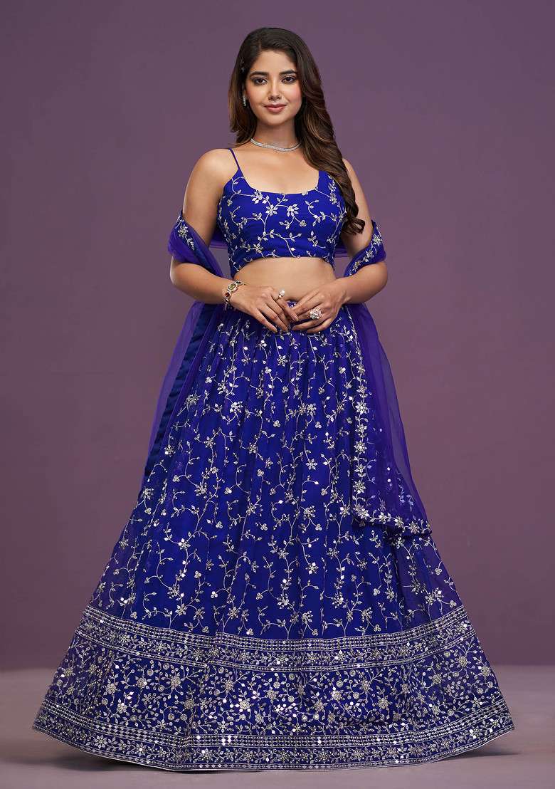 Royal Blue Zari Sequin Embroidered Georgette Lehenga Set for Diwali and Festive Wear - Indya
