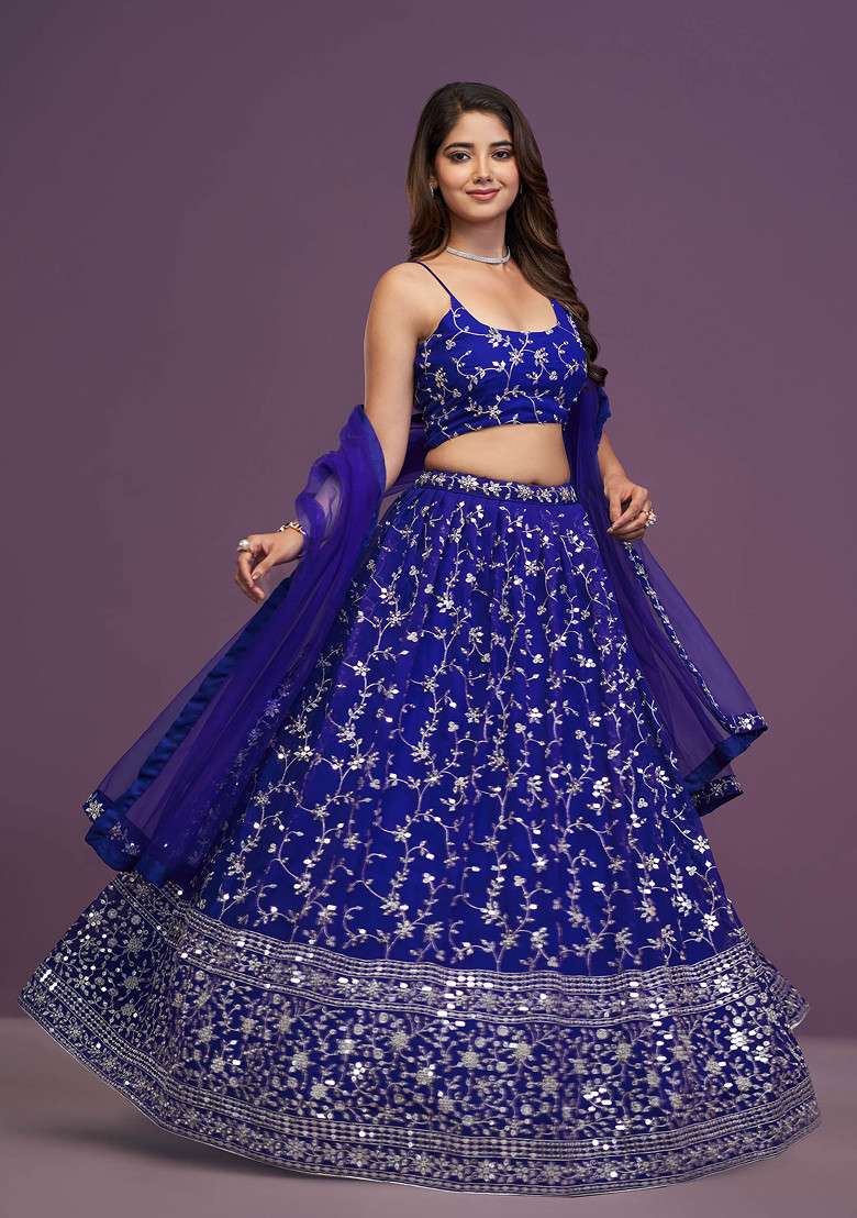 Royal Blue Zari Sequin Embroidered Georgette Lehenga Set for Diwali and Festive Wear - Indya