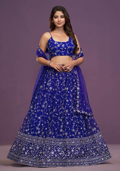 Royal Blue Zari Sequin Embroidered Georgette Lehenga Set