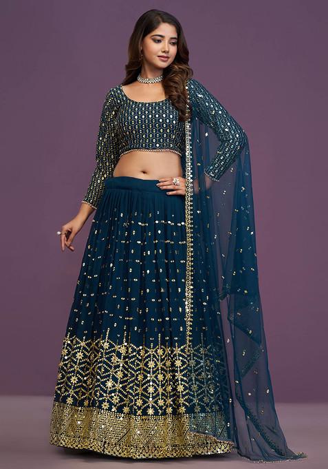 Blue Sequin Embroidered Georgette Lehenga Set