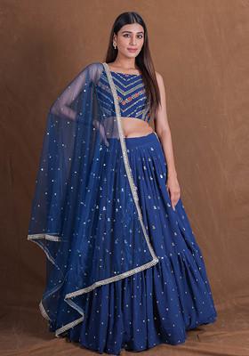 Teal Blue Zari Sequin Embroidered Georgette Lehenga Set