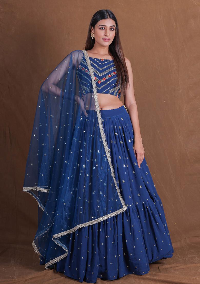 Teal Blue Zari Sequin Embroidered Georgette Lehenga Set