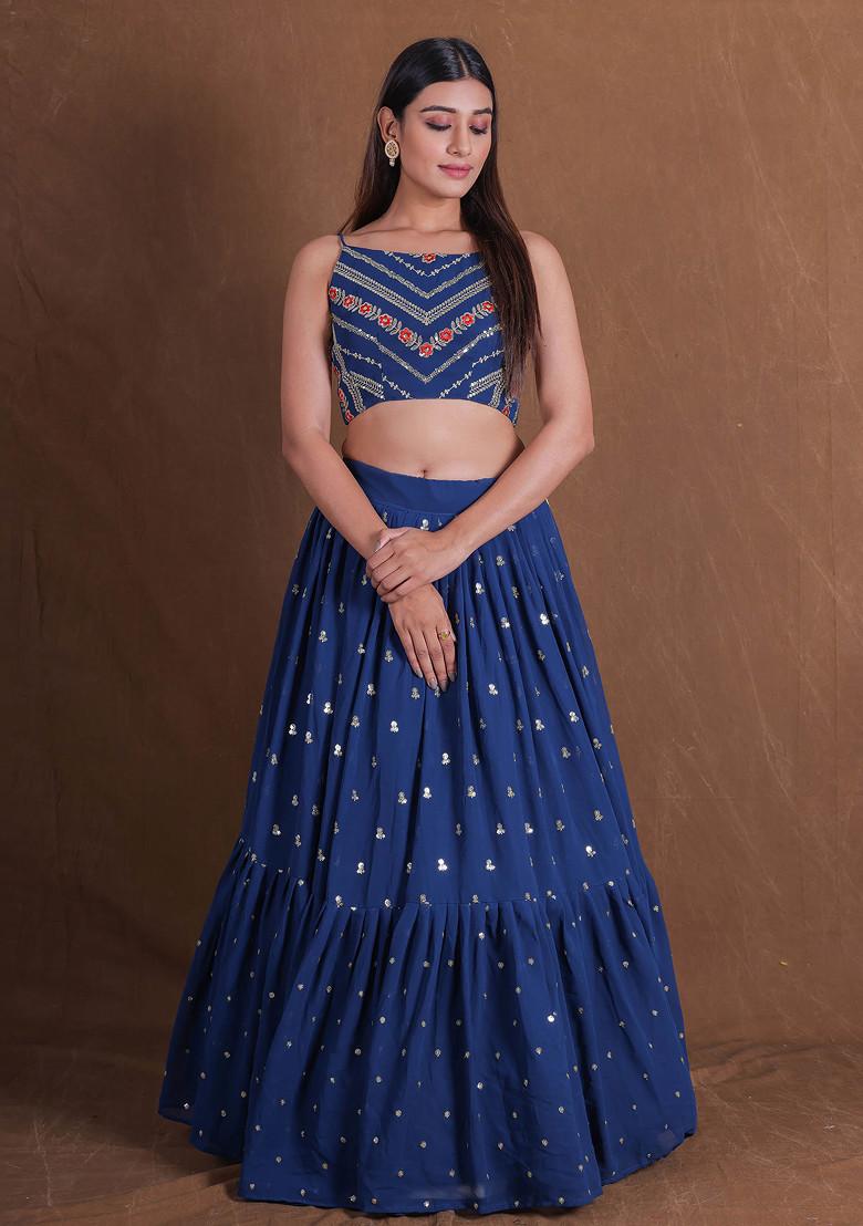 Teal Blue Zari Sequin Embroidered Georgette Lehenga Set