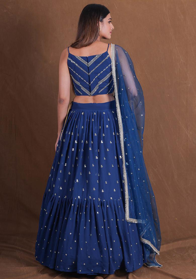 Teal Blue Zari Sequin Embroidered Georgette Lehenga Set