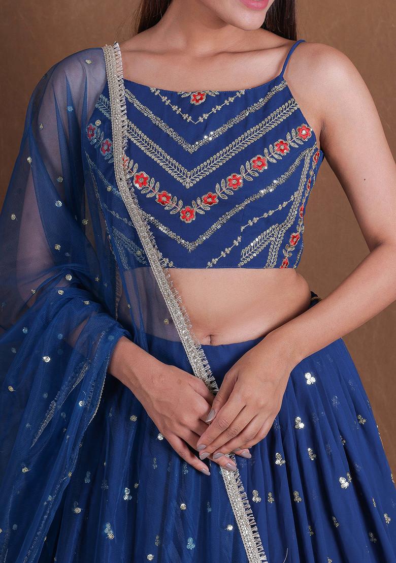 Teal Blue Zari Sequin Embroidered Georgette Lehenga Set
