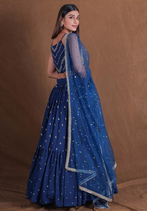 Teal Blue Zari Sequin Embroidered Georgette Lehenga Set