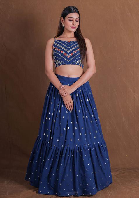 Teal Blue Zari Sequin Embroidered Georgette Lehenga Set