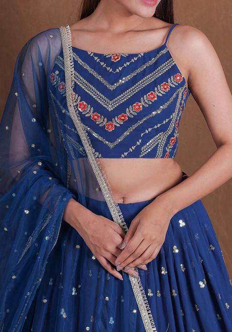 Teal Blue Zari Sequin Embroidered Georgette Lehenga Set