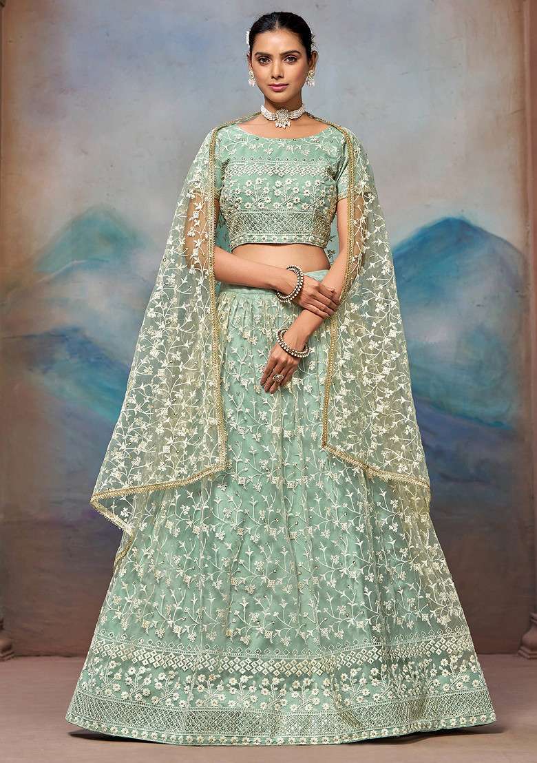 Pista Green Thread Sequin Embroidered Soft Net Lehenga Set for Diwali and Festive Wear - Indya