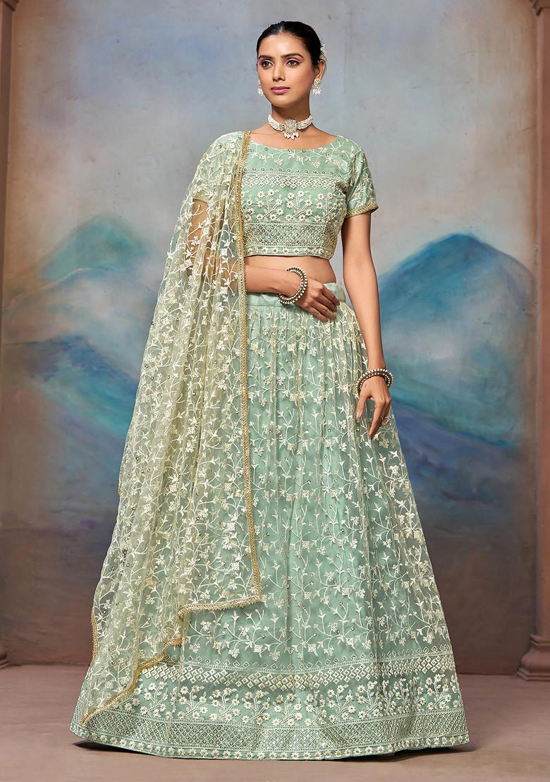 Pista Green Thread Sequin Embroidered Soft Net Lehenga Set