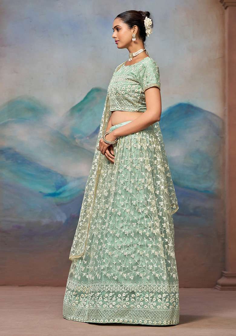 Pista Green Thread Sequin Embroidered Soft Net Lehenga Set for Diwali and Festive Wear - Indya