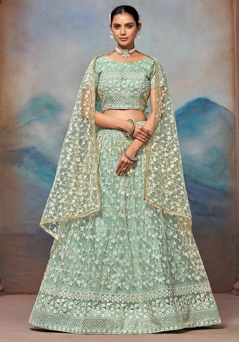 Pista Green Thread Sequin Embroidered Soft Net Lehenga Set