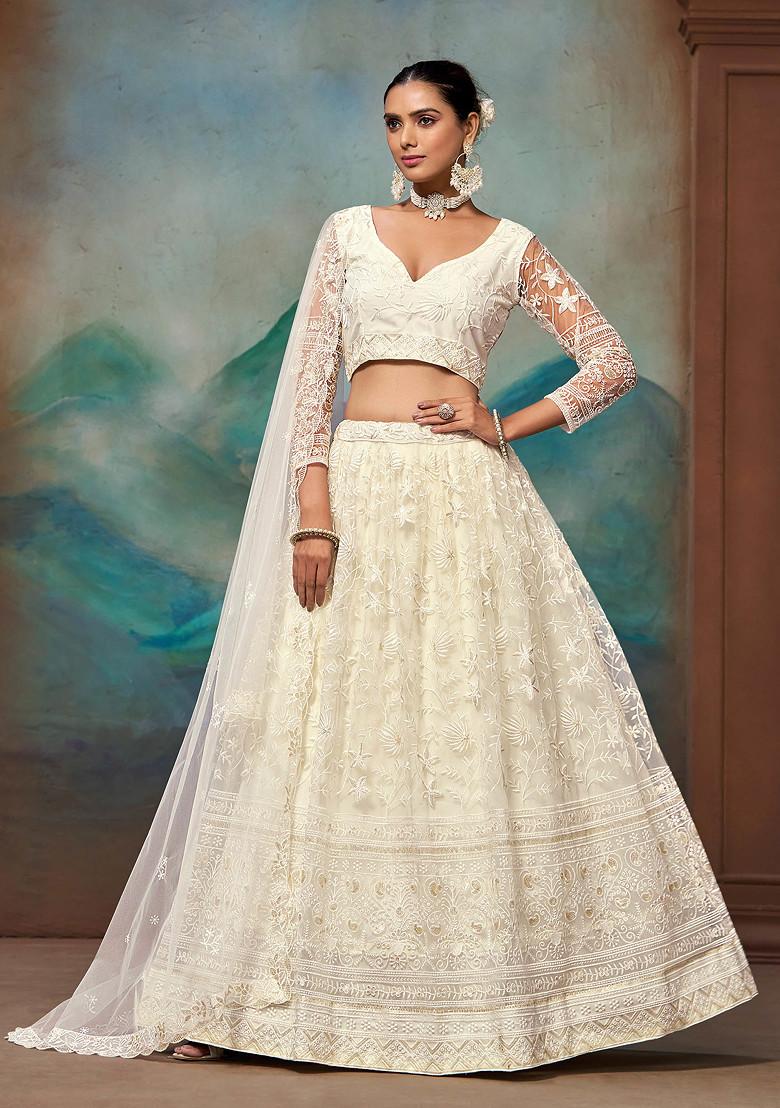 White Thread Sequin Embroidered Net Lehenga Set - Indya