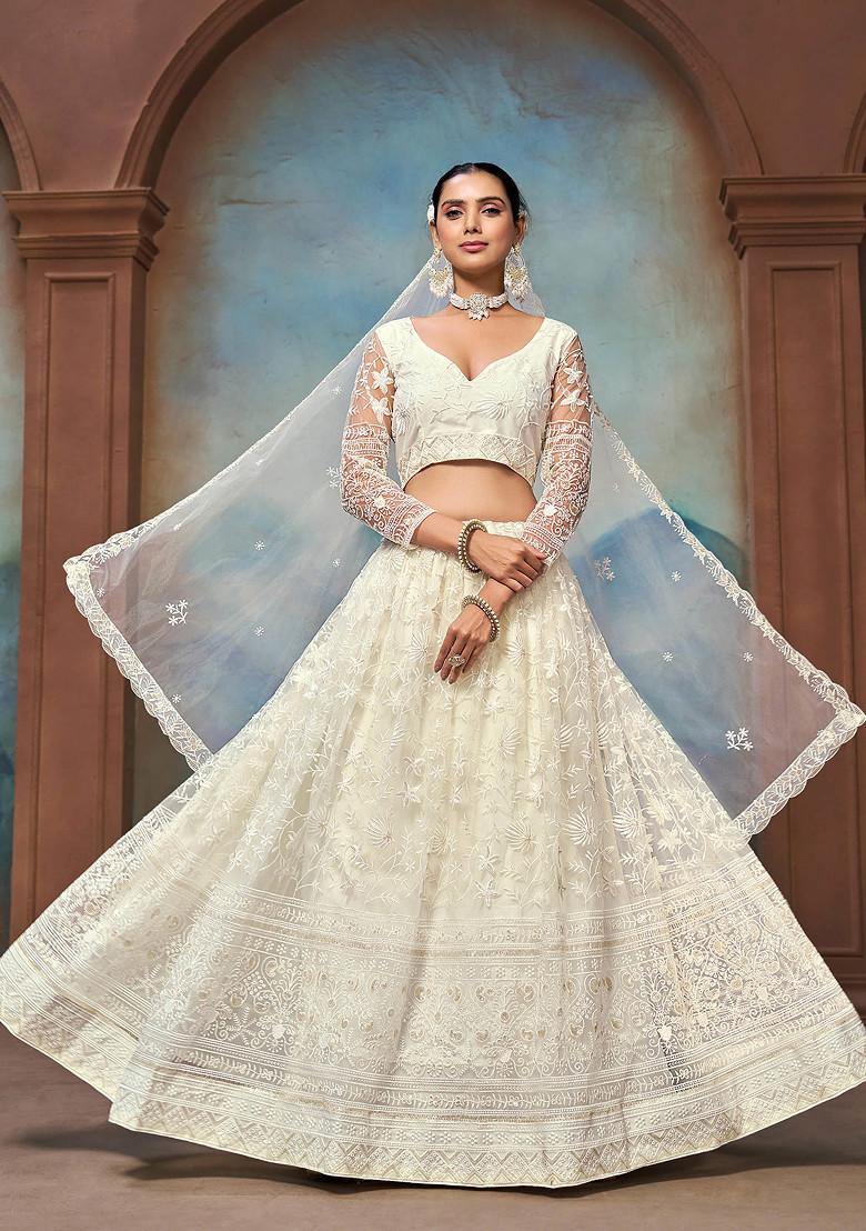 White Thread Sequin Embroidered Net Lehenga Set