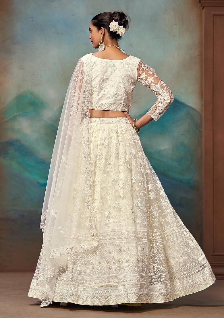 White Thread Sequin Embroidered Net Lehenga Set - Indya