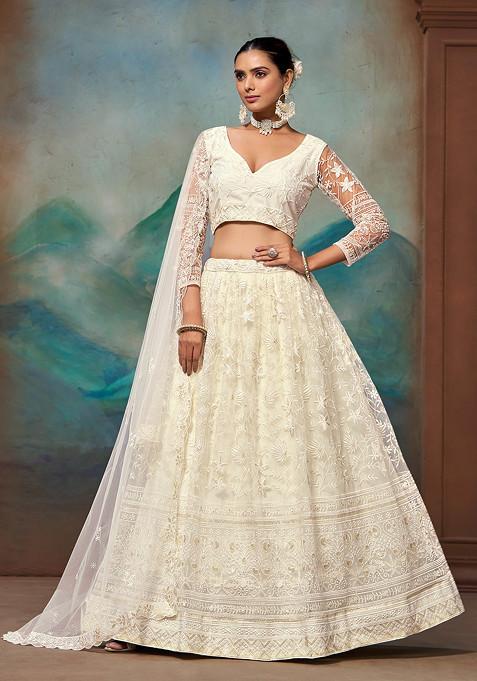 White Thread Sequin Embroidered Net Lehenga Set