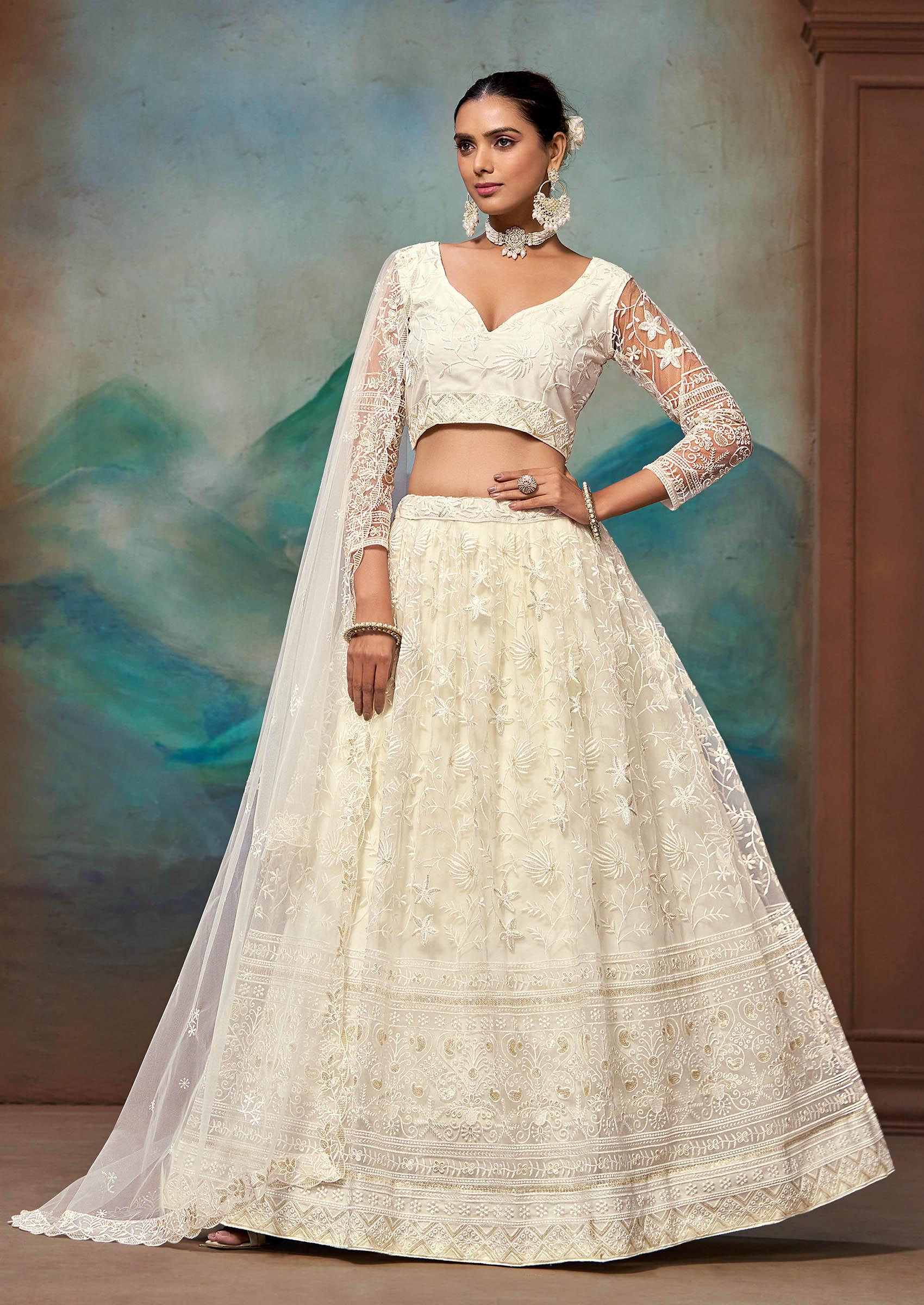 White Thread Sequin Embroidered Net Lehenga Set - Indya
