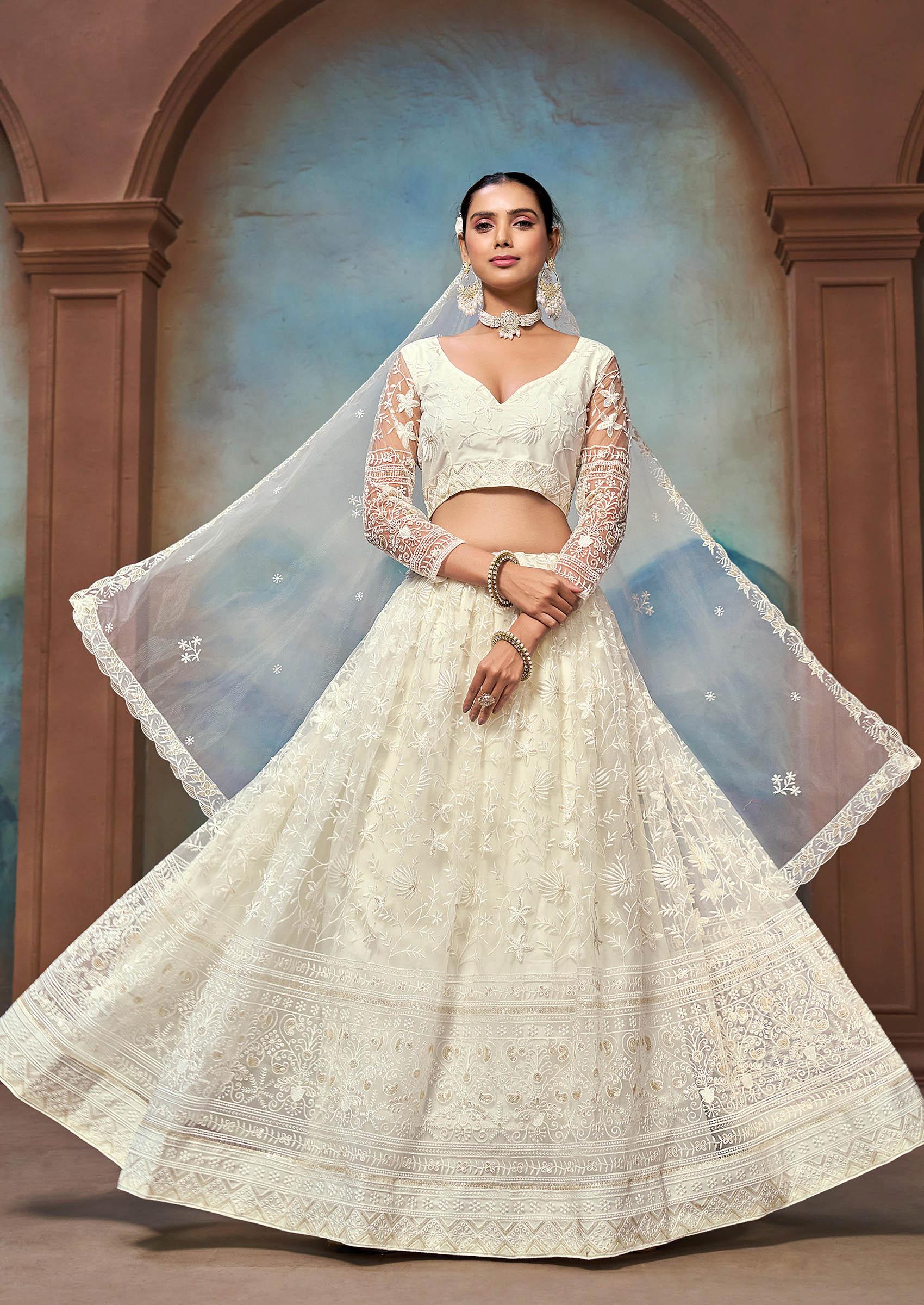 White Thread Sequin Embroidered Net Lehenga Set - Indya