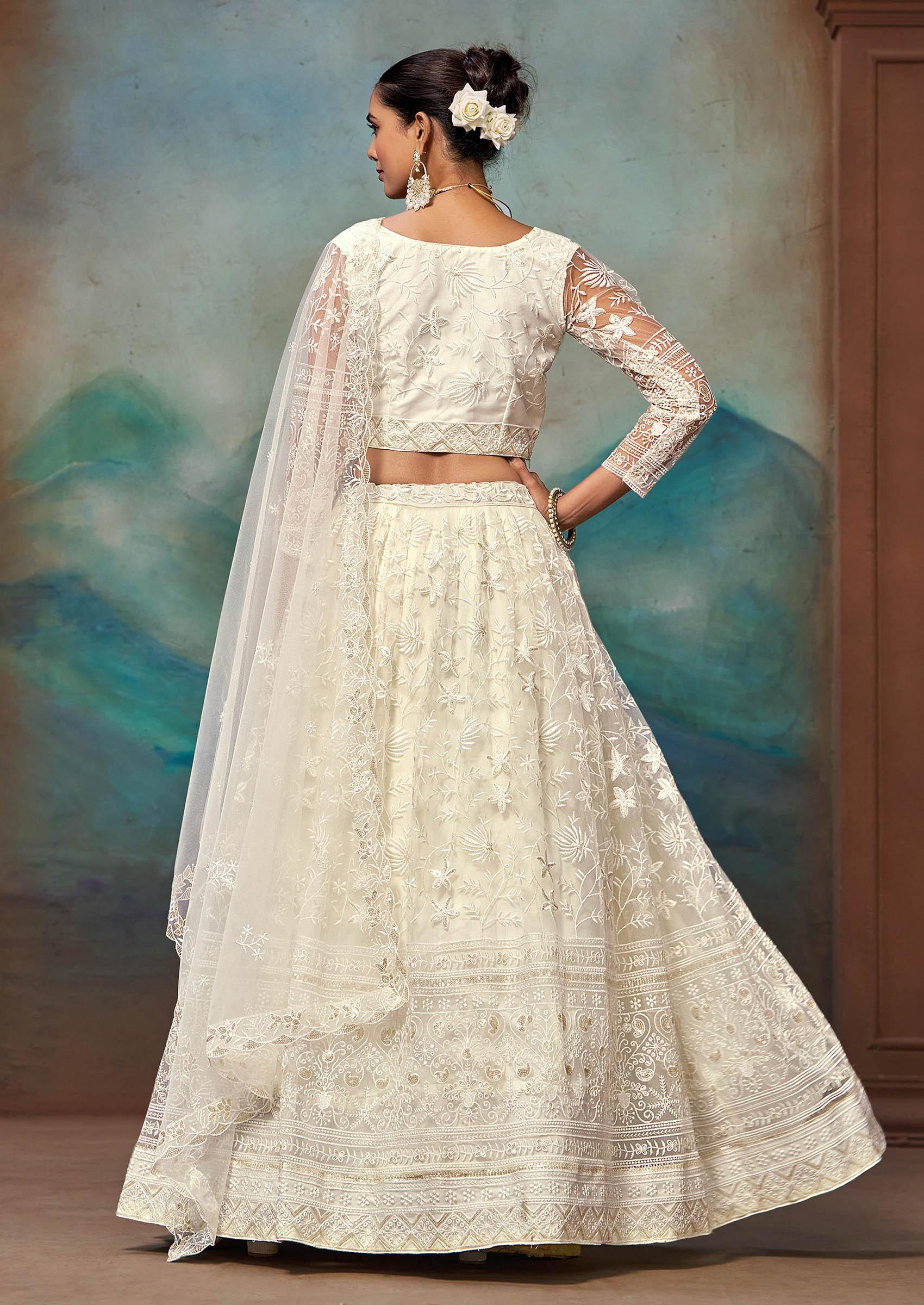 White Thread Sequin Embroidered Net Lehenga Set - Indya