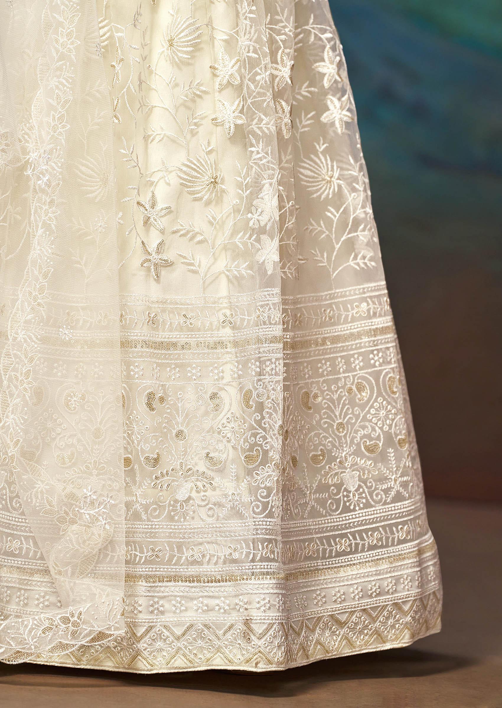 White Thread Sequin Embroidered Net Lehenga Set - Indya