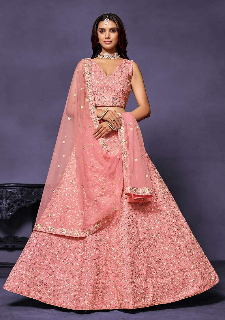 Pink Zari Sequin Embroidered Faux Georgette Lehenga Set - Indya