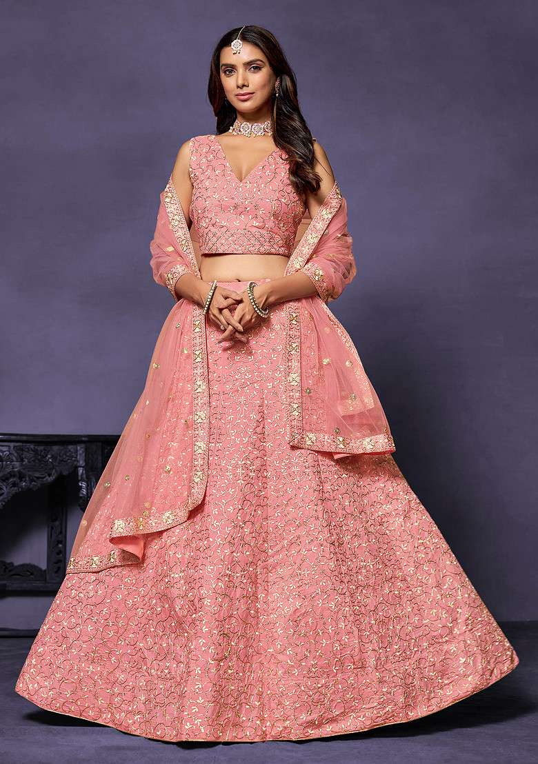 Pink Zari Sequin Embroidered Faux Georgette Lehenga Set - Indya