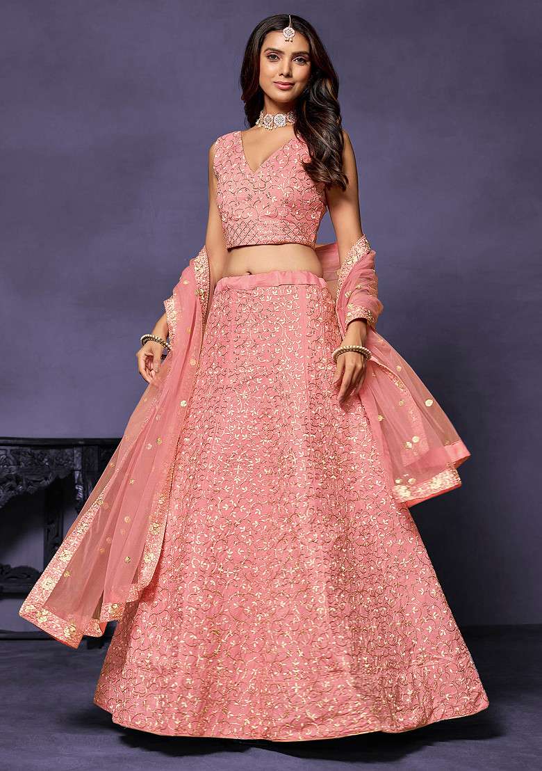 Pink Zari Sequin Embroidered Faux Georgette Lehenga Set - Indya