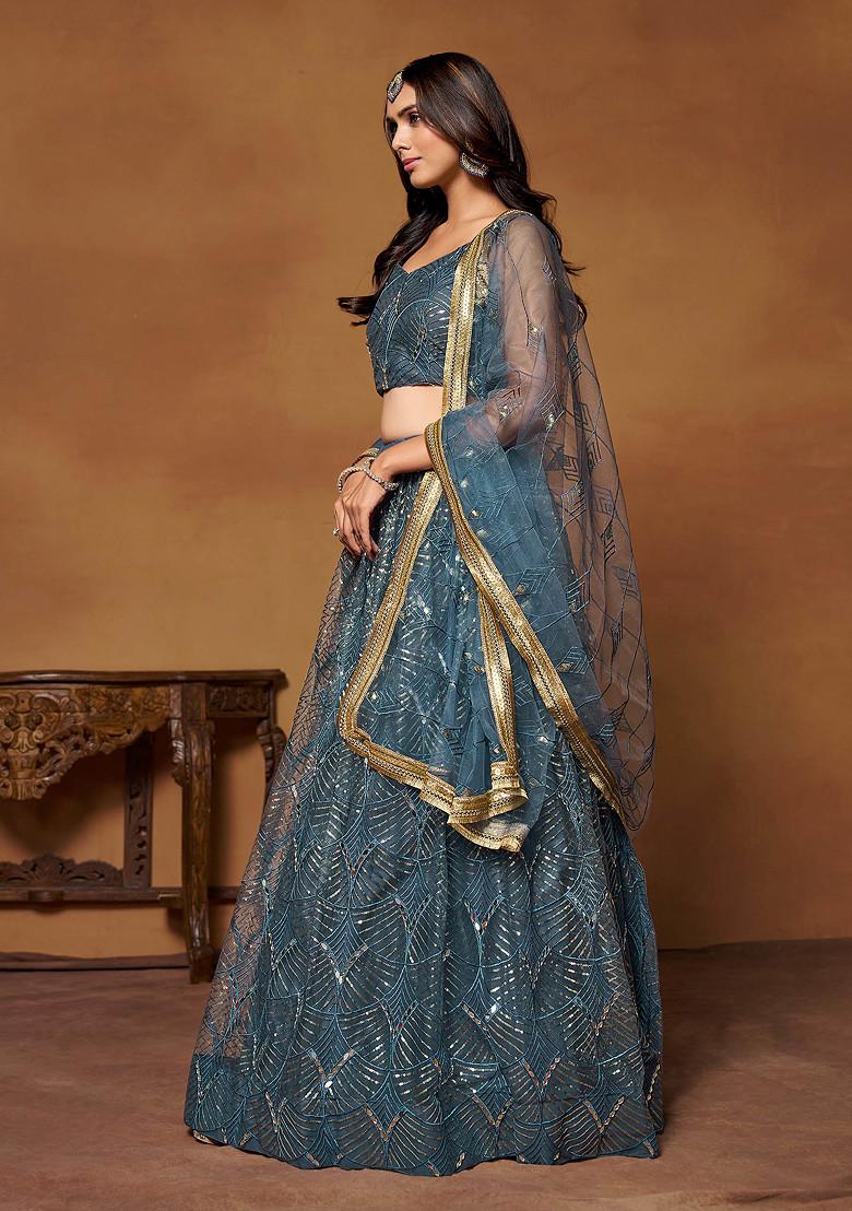 Blue Thread Sequin Embroidered Soft Net Lehenga Set