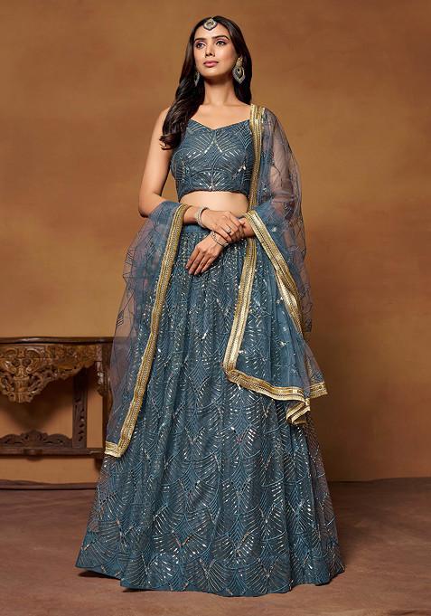 Blue Thread Sequin Embroidered Soft Net Lehenga Set