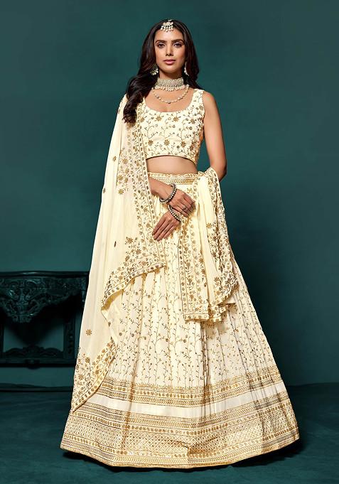 White Zari Sequin Embroidered Georgette Lehenga Set