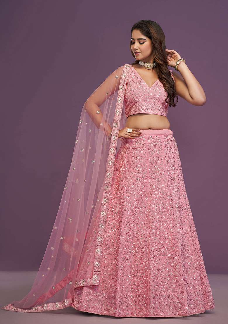 Pink Zari Sequin Embroidered Silk Lehenga Set - Indya
