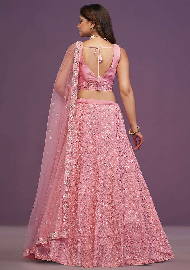 Pink Zari Sequin Embroidered Silk Lehenga Set - Indya