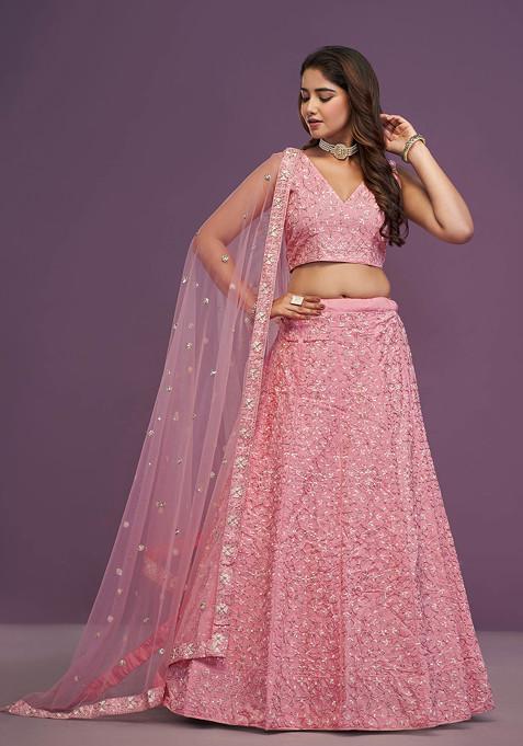 Pink Zari Sequin Embroidered Silk Lehenga Set