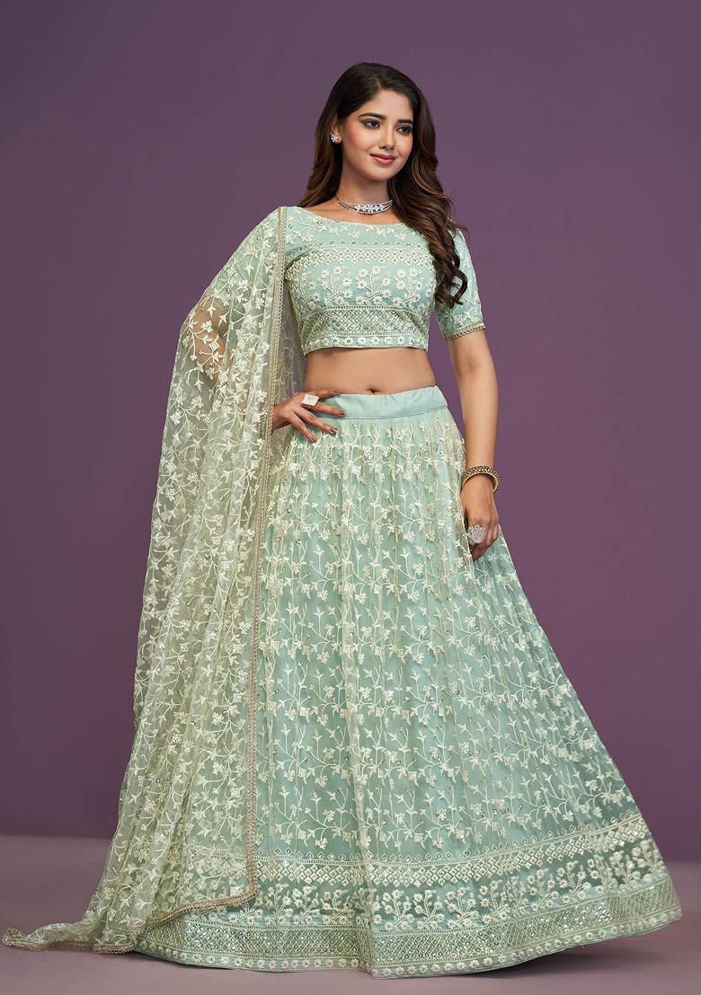 Pista Blue Thread Sequin Embroidered Soft Net Lehenga Set