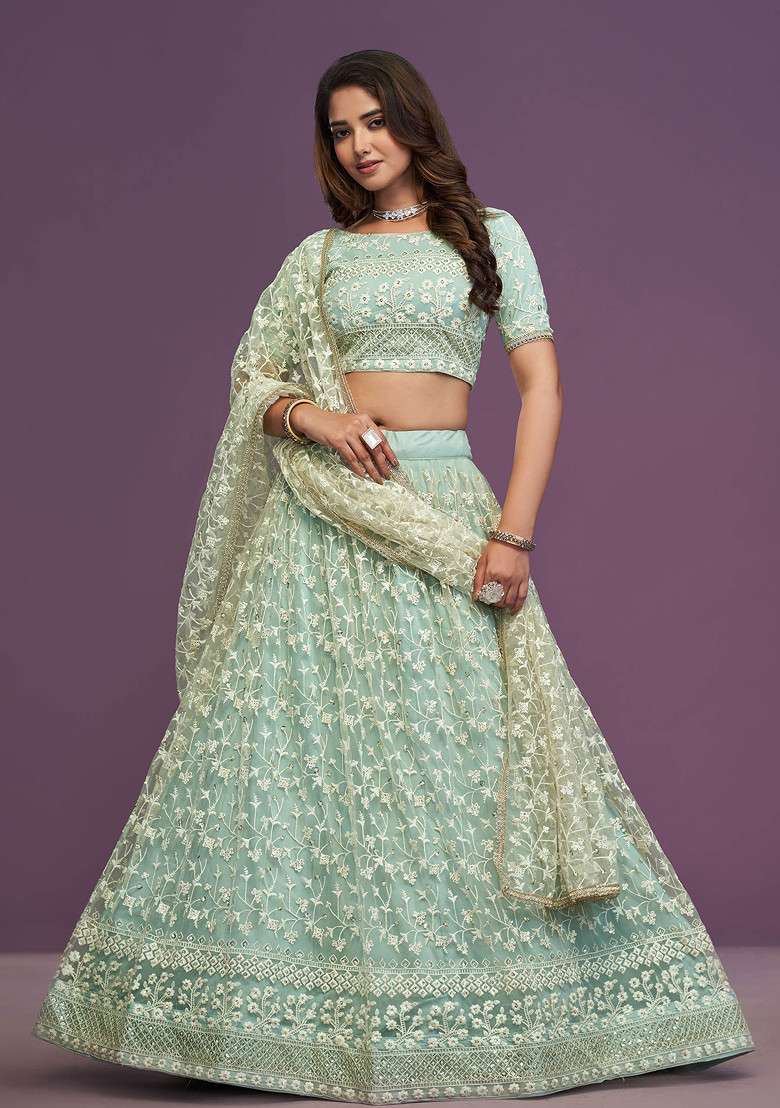 Pista Blue Thread Sequin Embroidered Soft Net Lehenga Set for Diwali and Festive Wear - Indya